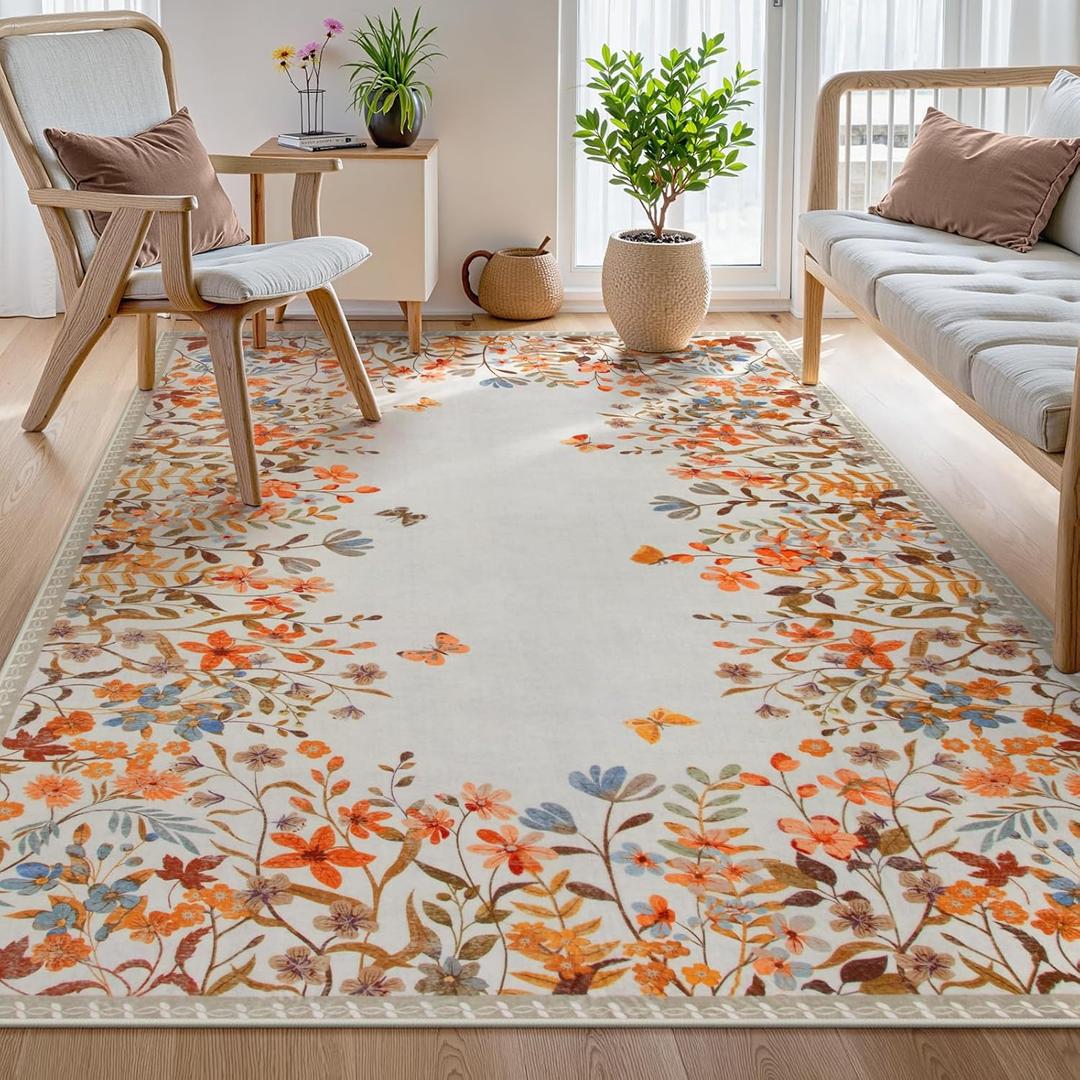 Wonnitar Fall Washable 5x7 Rug for Bedroom, Low Pile Soft Boho Floral Living Room Area Rug, Non Slip Throw Carpet for Girls Room Nursery Playroom Guest Room (Orange,5'x7')