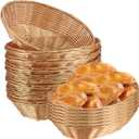 SINJEUN 15 Pack Wicker Bread Basket, Handwoven Oval Plastic Basket, Woven Tabletop Fruit Vegetables Food Serving Basket for Home, Kitchen, Restaurant, Light Brown (15 Pack 9 x 6 x 2.5 Inch)