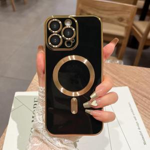 OOK Magnatic Case for iPhone 16 Pro Max Case [Compatible with MagSafe] Full Camera Lens Protector Gold Electroplate Edge Soft TPU Shockproof Protective Phone Case for Women Men 6.9 Inch - Black