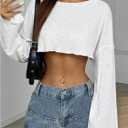 WDIRARA Women's Boat Neck Long Sleeve T-Shirts Drop Shoulder Tee Loose Crop Tops (White, S)