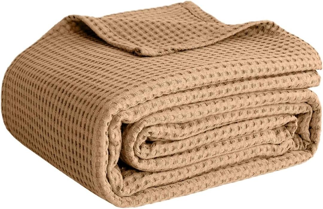 100% Cotton Blankets Queen Size for Bed - Waffle Weave Blankets for Summer, Lightweight and Breathable Soft Woven Blanket for Spring, White, 90x90 Inches (Light Orange, Throw (50" x 60"))