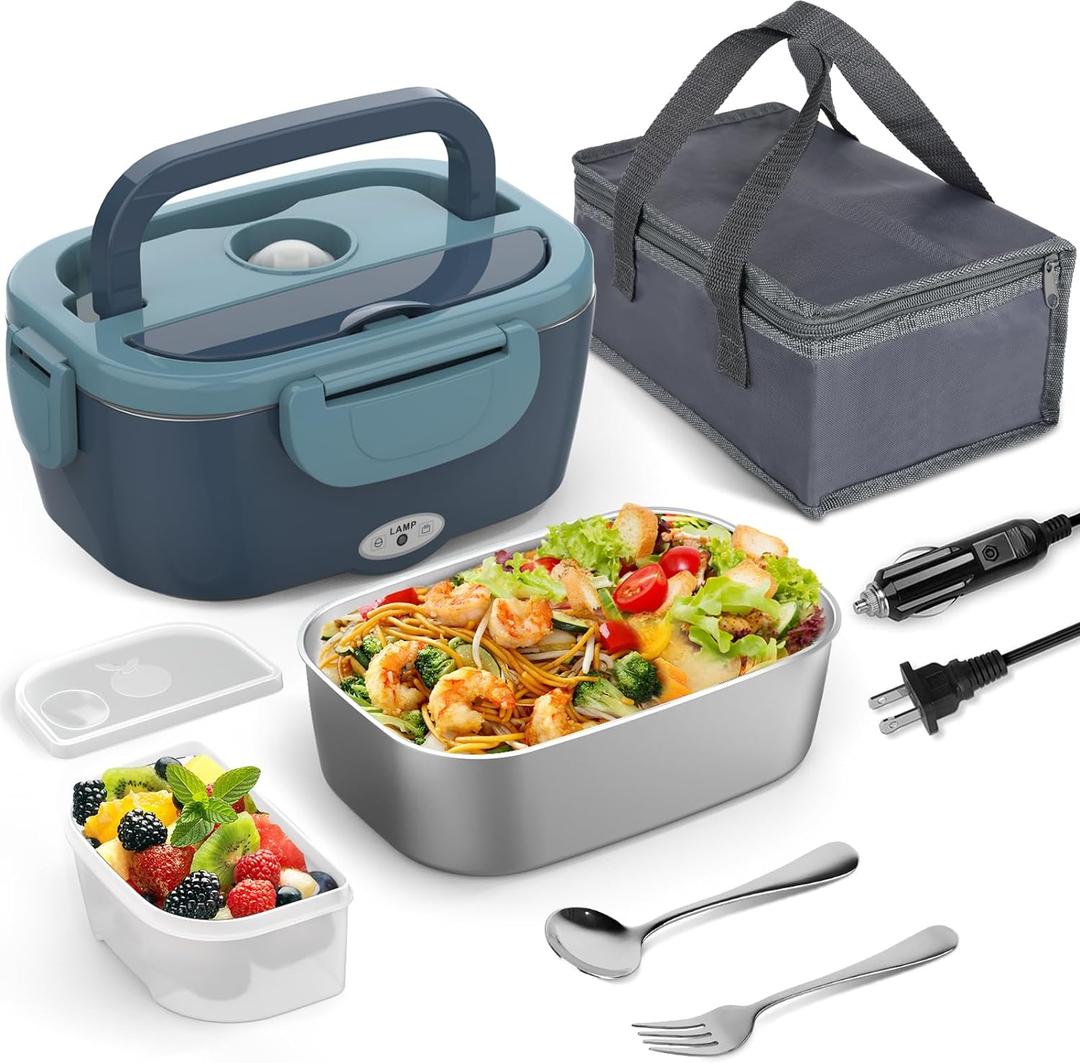 Electric Lunch Box Food Heater, 60-80W Heated Lunch Box for Adults, 12V 24V 110V Portable Food Warmer LunchBox for Car Truck Work with 304 Stainless Steel Container, Driver Trucker Gifts for Dad (Blue)