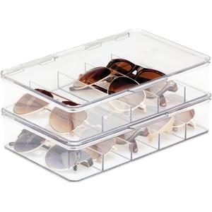 mDesign Plastic Stackable Eyeglass Case Storage Organizer with Hinged Lid for Unisex Sunglasses, Reading Glasses, Fashion Eye Wear, Protective Glasses, 5 Sections, Ligne Collection - 2 Pack - Clear