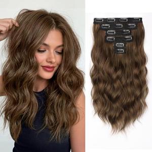 KooKaStyle Short Hair Extensions 6PCS 14 Inch Wavy Curly Hairpieces Synthetic Soft Lace Weft Clip in Hair Extensions-Rich Medium Brown for Women