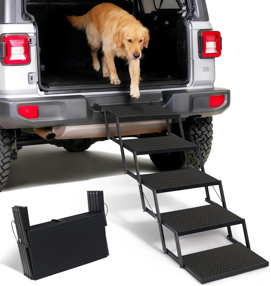 Foldable Dog Car Steps - Upgraded Non-Slip Pet Stairs for Large Dogs, Portable Metal Frame Dog Ramps for High SUV, Truck and Cars, Lightweight Pet Ladder with High Load-Bearing Capacity Up to 350Lbs