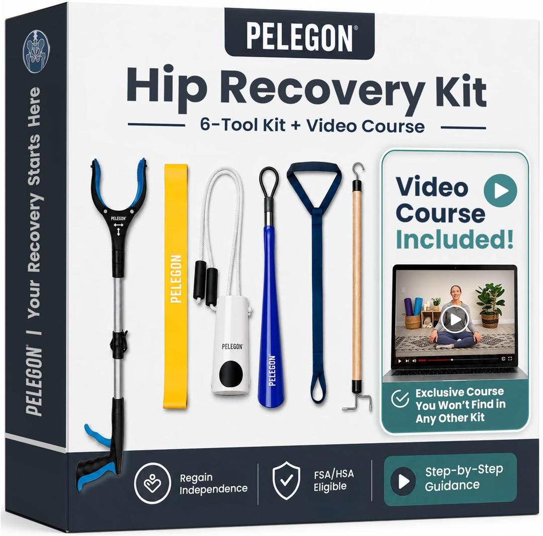 PELEGON Hip Kit - Hip Kit Post Surgery - Hip Replacement Kit After Surgery with Grabber Tool, Sock Aid, Leg Lifter, Dressing Stick, Shoe Horn, Exercise Band - Complete Recovery Kit for Seniors