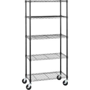 Amazon Basics 5-Shelf Adjustable, Heavy Duty Storage Shelving Unit on 4'' Wheel Casters, Metal Organizer Wire Rack, 30" L x 14" W x 64.75" H, Black