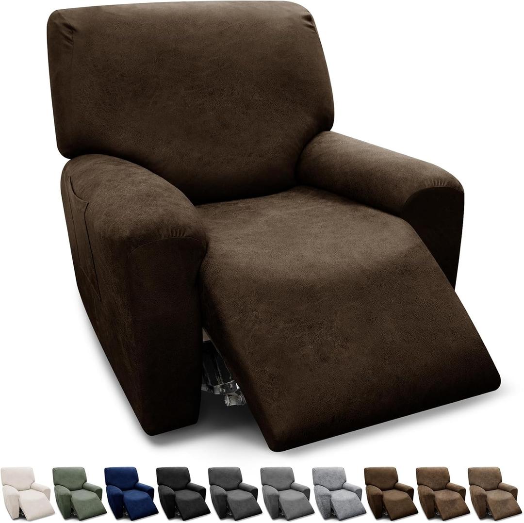 Chair Covers 4-Pieces Recliner Chair Covers 1 Seater Cover for Recliner Chair Leather Look Recliner Slipcovers with Pockets Spandex Fabric Furniture Covers(Recliner, Coffee)