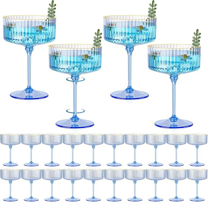 24-Pack Plastic Cocktail Glasses – 10oz Dusty Blue Ribbed Premium Disposable Coupe Champagne Cups with Detachable Stem & Base – Party & Event Drinkware
