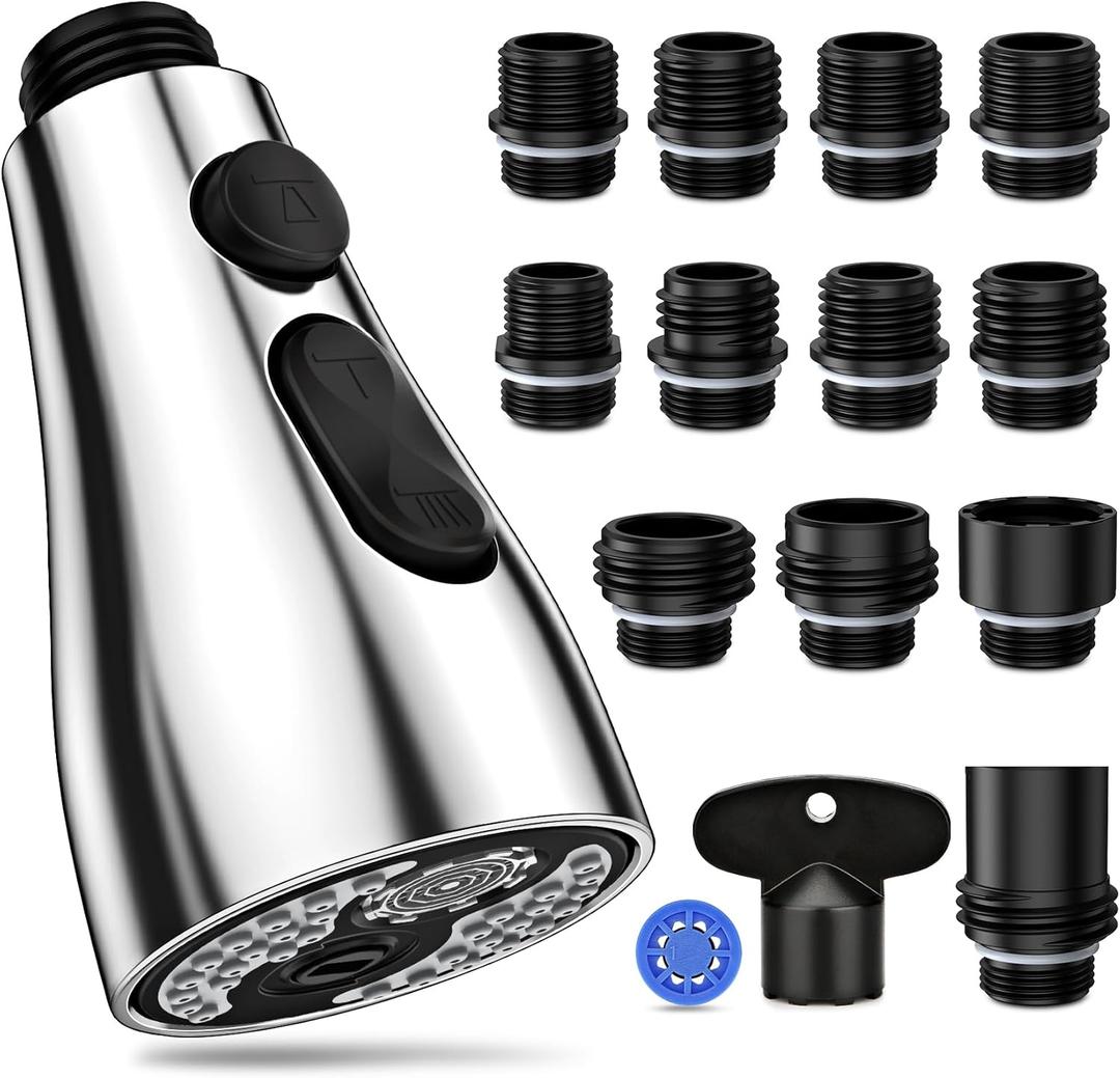 Kitchen Faucet Head Replacement 3 Modes with 12 Adapters, Pull Down Spray Head for Kitchen Faucet, Kitchen Sink Faucet Head G 1/2, Sprayer Head Replacement, Chrome