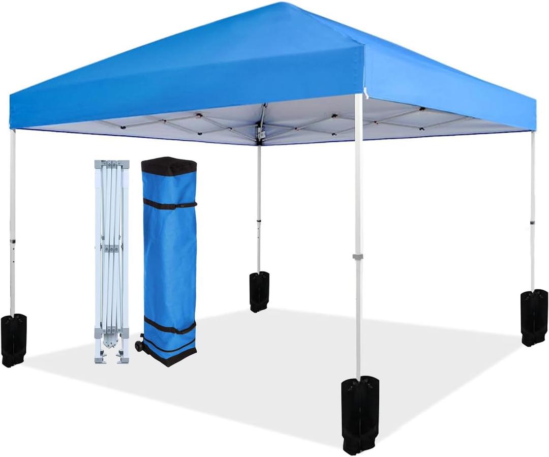 Amazon Basics Outdoor Pop Up 10 x 10 Canopy Tent for Events, Portable with Easy Setup, Sun Shelter for Outdoor Activities, Includes Wheeled Carry Bag, 8 Pegs, 4 Ropes, 4 Weighted Bags, Blue