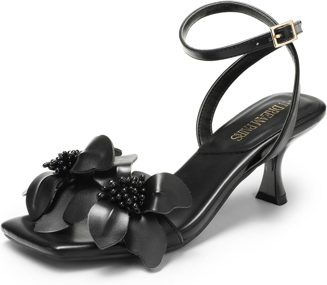 DREAM PAIRS Women's Flower Wedding Heels Cute Square Toe Slingback Low Kitten Heels Sandals with Ankle Strap, 9