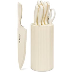 Knife Set, 8-Piece Kitchen Knife Set for Chef, Sharp Knife Set with Universal Knife Block, Anti-Rust Kitchen Knife Block Set, Ergonomical Design (Beige)