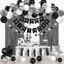 Black and White Birthday Party Decorations, Black Metallic Silver Confetti Balloons Happy Birthday Banner Fringe Curtains Hanging Swirls Circle Dots Paper Tassels Pompoms for Men Boys Party Supplies