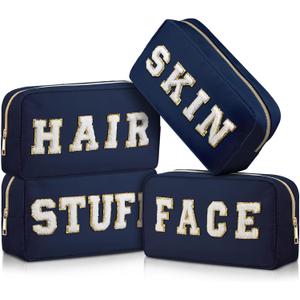 Cunno 4 Pcs Preppy Makeup Bags Chenille Letter Stuff Bag Nylon Cosmetic Pouch Cases with Zipper for Women Travel Toiletry (Classic, Dark Blue)