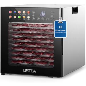 OSTBA Food Dehydrator, 12 Stainless Steel Trays, 95165 Adjustable Temp, 48h Digital Timer, 850W Food Dryer, Front Control Panel with 10 Presets for Fruit, Vegetable, Jerky, Herb, Commercial Use