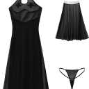 Hilinker Womens Sexy Sheer Lingerie Dress Set Long Mesh Leather Patchwork See Through Chemise Nightgown Black Small (Black, S)