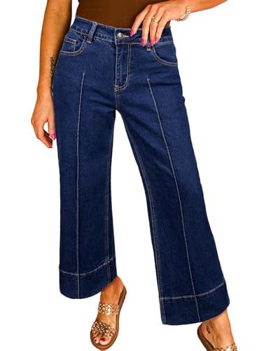Astylish Women's Stretchy Breathable Straight Wide Leg High Waist Jeans Tummy Control Boyfriend Casual Flare Cropped Ankle Denim Trouser Plus Size Spring Clothes Navy Blue Size 18