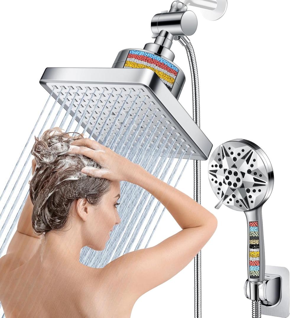 Dual Filtered Rain Shower Head Combo, High Pressure 9 Modes Handheld Shower Head Built in Power Spray, 6 inch Rainfall Shower Head with Filter for Hard Water