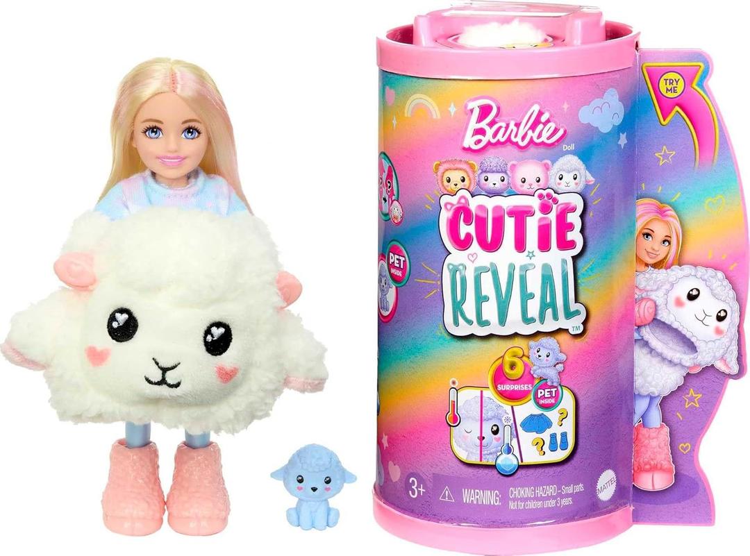 Barbie Chelsea Cutie Reveal Small Doll & Accessories, Blonde in Lamb Costume, 10 Suprises, Color Change (Styles May Vary) (Pink-streaked)
