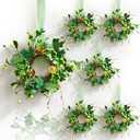 6 Pcs St. Patrick's Day Hanging Wreaths for Cabinets with Green Shamrock Clovers Gold Coin Artificial Mini Candle Rings Wreath for Home Kitchen Front Door Window Porch Wall Wedding Decor