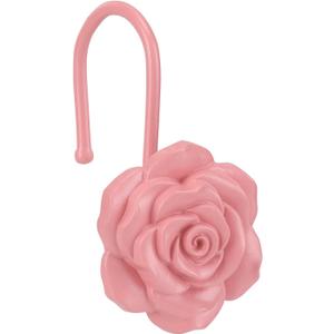 Metal Rose Shower Curtain Hooks, Rust-Resistant Hooks for Shower Curtain Rods, Set of 12, Beautiful Floral Rose Design Bathroom Decoration Hooks (Pink)
