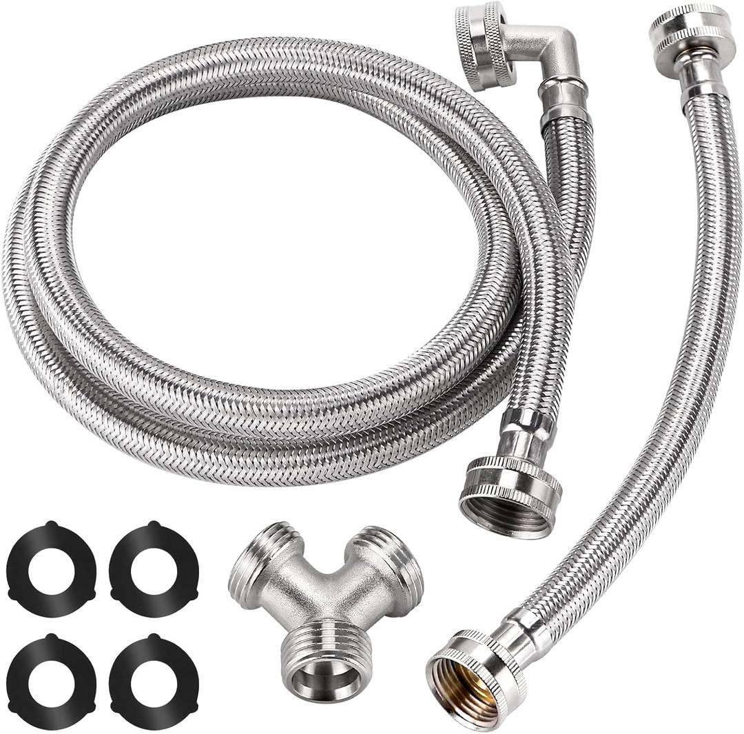 4Ft Steam Dryer Hose Kit by Puxy Blue Includes 4Ft Braided Stainless Steel hose with 90 Degree Elbow, 1Ft Inlet Adapter Hose, Y-connector - Burst Proof Line Fit for All Steam Dryers