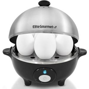 Elite Gourmet EGC-508 Rapid Egg Cooker, 7 Easy-To-Peel, Hard, Medium, Soft Boiled Eggs, Poacher, Omelet Maker, Auto Shut-Off, Alarm, 16-Recipe Booklet, Stainless Steel