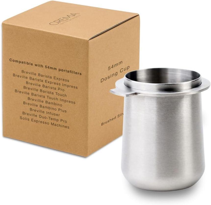 CREMA Coffee Products 54mm Dosing Cup | Compatible with Breville Portafilters etc |Durable 100% Stainless Steel|Built-In Grinder Tab for Easy Transfer|Sleek, Mess-Free Design|Brushed Silver Finish