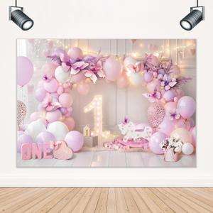 LIGHTINHOME Girl 1st Birthday Backdrop 5Wx3H Feet for Purple Pink Princess Balloons Lights Butterfly First Bday Photography Background Decorations Photo Booth Studio Prop Fabric