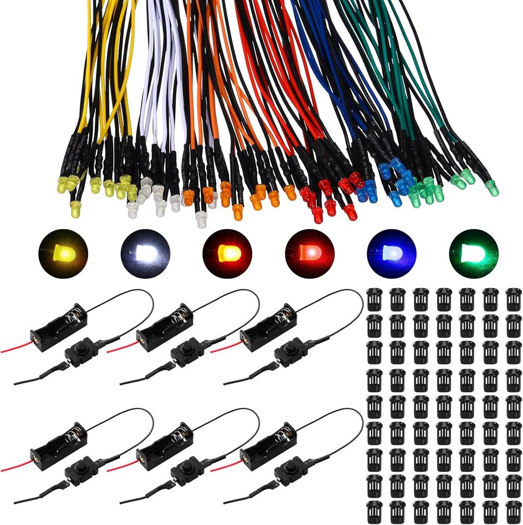 126 Pcs 12v LED Lights Kit, 60 Pre Wired LED Light Emitting Diodes 60 Plastic Lampholder 6 Battery Holder for Model Assortment Crafts Dollhouse (3 mm)