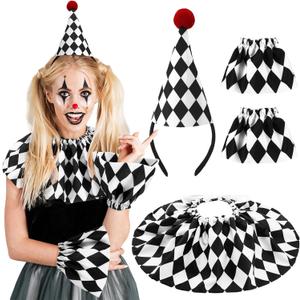 2 Pcs Halloween Clown Accessories for Women Pierrot Clown Hat Headband Jester Hat Vintage Clown Collar Ruffle Collar (Black&white)