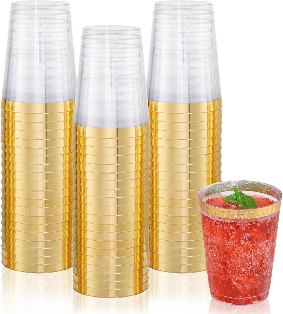100 Pack Gold Plastic Cups 10 Oz Clear Cup Gold Rimmed Disposable Wine Glasses Fancy Disposable Party Cups Tumblers Drinking Cup Plastic Cocktail Glasses gold disposable cups for Party Wedding