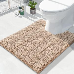 Yimobra Toilet Rugs U Shaped Washable 24 x 20, Non Slip and Super Absorbent Toilet Mat, Quick Dry, Ultra Luxury Microfiber Chenille Plush Fluffy Contour Bath Rugs for Toilet Base, Beige