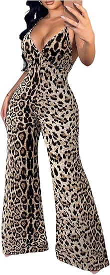 WDIRARA Women's Sexy Wide Leg Night Out Leopard Print Jumpsuits Size M