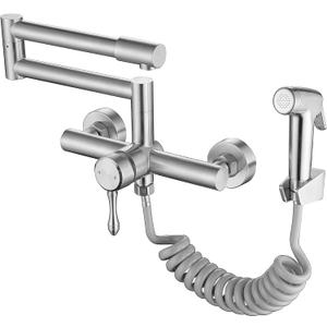 Kitchen Faucet Wall Mount, with Side Sprayer 8 Inch Center, Folding Design for Commercial Use, Stainless Steel Bar Taps (Dual Hands)