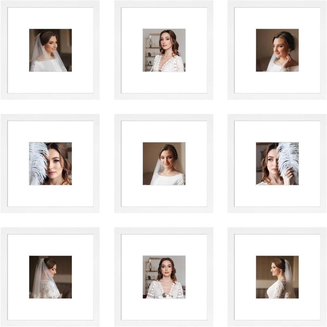 8x8 Picture Frame Set of 9, Display Pictures 4x4 with Mat or 8x8 without Mat, Multi Collage Gallery Square Photo Frames for Wall or Tabletop, White