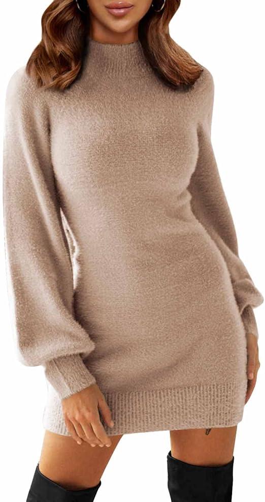 EXLURA Women's Mock Neck Ribbed Long Sleeve Bodycon Pullover Cute Mini Sweater Dress XL