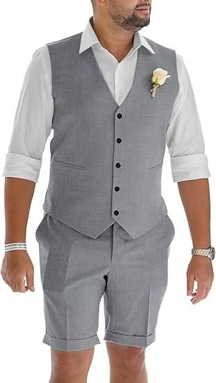 Mens 2 Piece Suits Set Vest with Short Pants Summer Beach Wedding Business Shorts Slim Fit Groomsmen Suit Sets size XL, Color: Gray