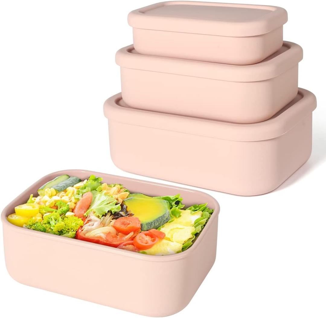 Keweis Silicone Food Storage Containers, Set of 3 Rectangular BPA-Free Silicone Lunch Box Containers with Lids, Airtight, Leak-Proof, Freezer, Microwave & Dishwasher Safe (10.2oz, 23.6oz, 44oz) (Pink)
