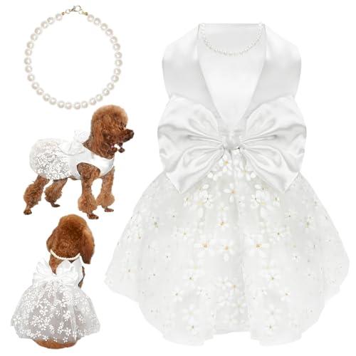 Topkins Dog Dresses, Dog Birthday Dress, Puppy Soft Skirt with Pearl Necklace, Girl Dogs Wedding Dress, Puppy Slik Outfit with Bow Tie, Dogs Princess Dresses for Small Breeds, White, Size:  L