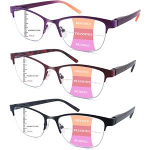 3 Pack Progressive Reading Glasses for Women Men Metal Half Frame Multifocal Readers with Spring Hinges