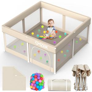 Foldable Baby Playpen with Mat, 50 x 50 Inch Portable Playpen | Safe Zipper Door, Soft Play Mat, With 30 Ocean Balls, Carry bag, No Assembly
