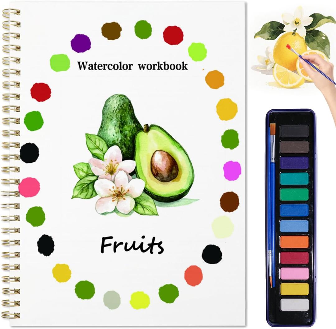 2 x Beginner Watercolor Painting Kit Watercolor Workbook Coloring Book 12 Colors Paint Set with Brush, Easily Master Beginner Friendly Watercolor Paint Set Gift for Adults Teens. (Fruit), 1 Count