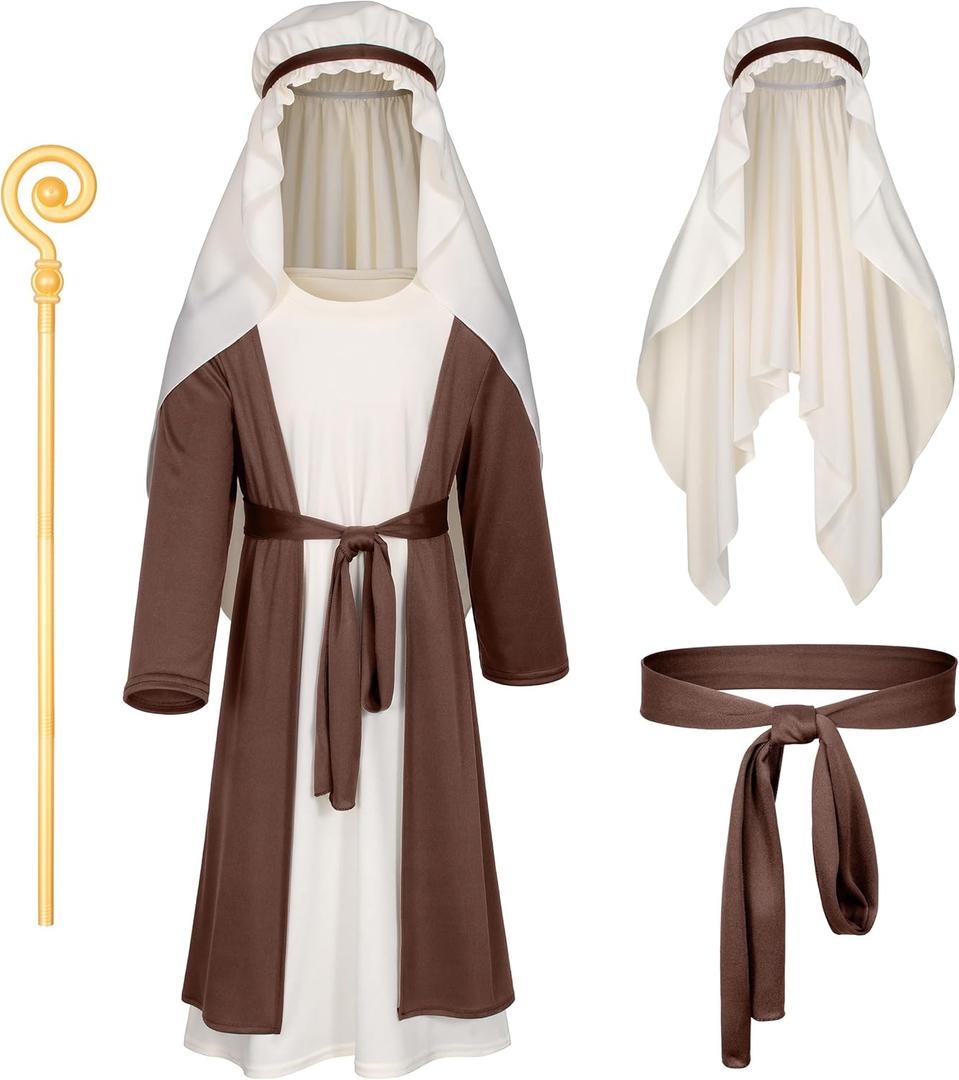 Irtysh Kids Biblical Saint Joseph Costume Jesus Robe Fancy Dress Sherherd Costume Staffs Headwrap Hat Waist Rope Set (7-8 Years, Brown)