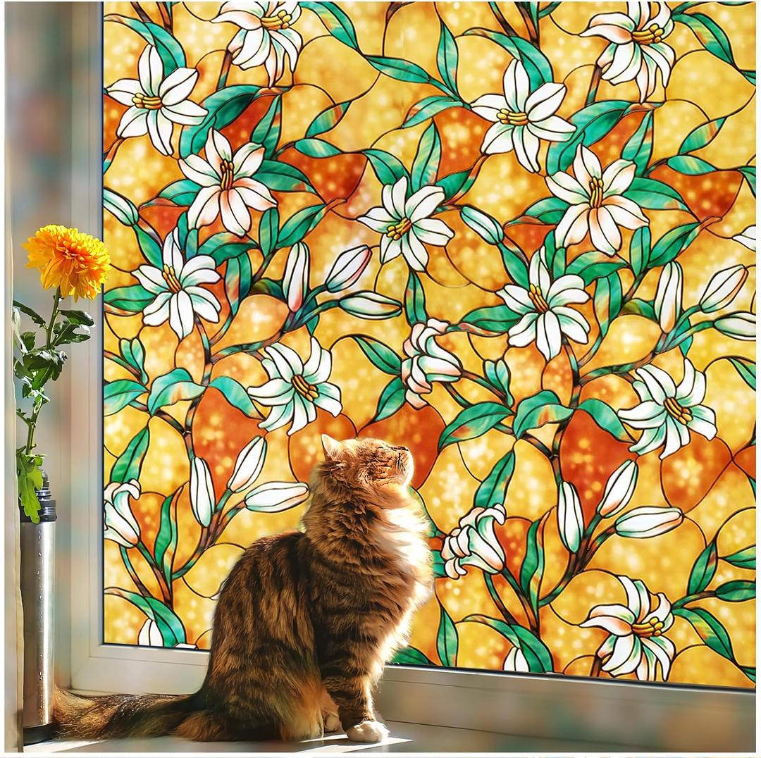 Coavas Decorative Window Privacy Film, Heat Control Sun Blocking Stained Glass Window Film, Floral Design Static Cling, Non Adhesive Windows Tint for Bathroom Front Door(Vinyl, 47.2" x 157.4 ")