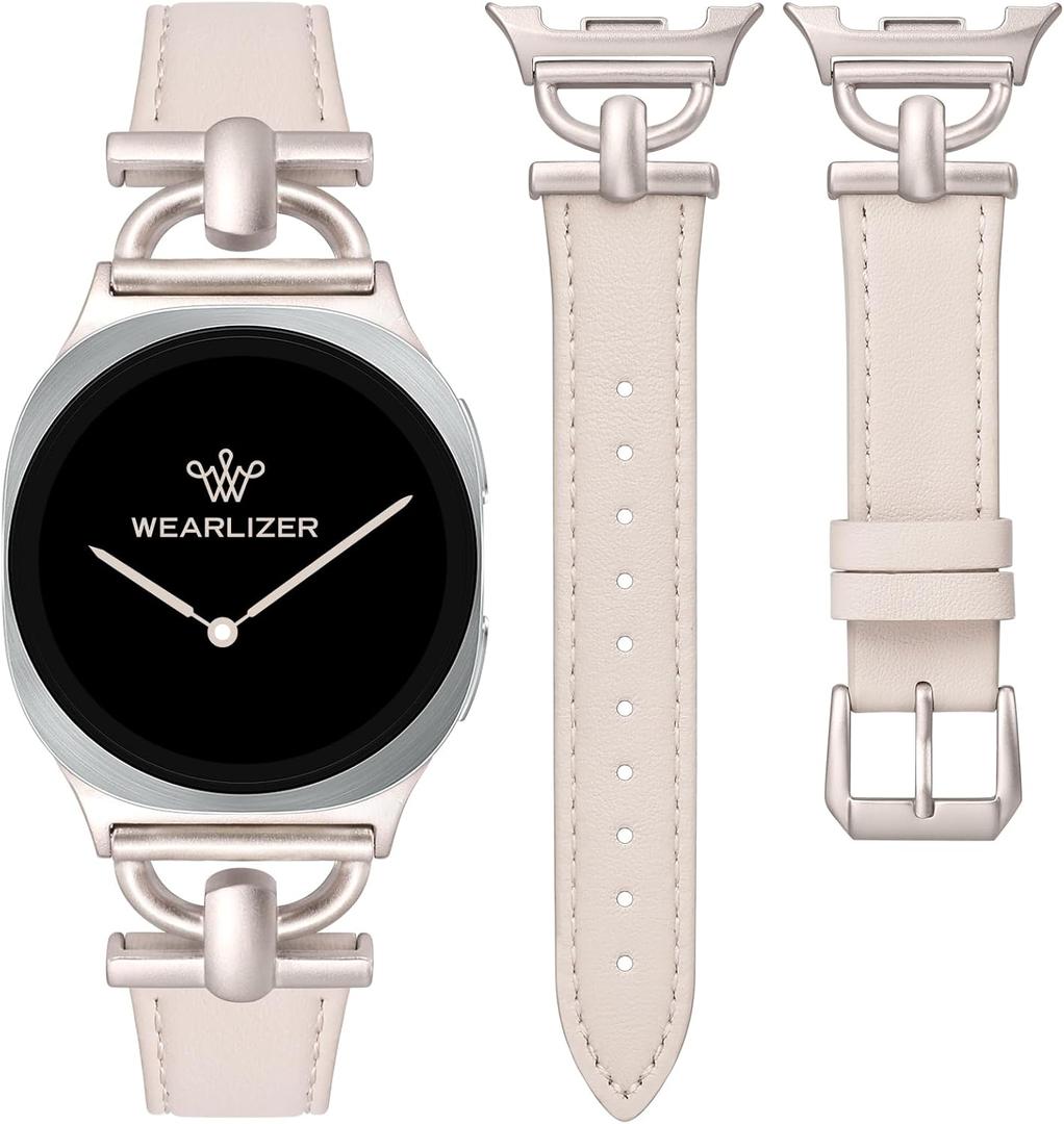 Wearlizer Leather Bands Compatible with Samsung Galaxy Watch 8 Band 40mm 44mm/Watch 8 Classic 46mm, Dressy Designer Slim Leather Strap Wristband Accessories with D-Shape Metal Buckle for Women (Starlight/Starlight)