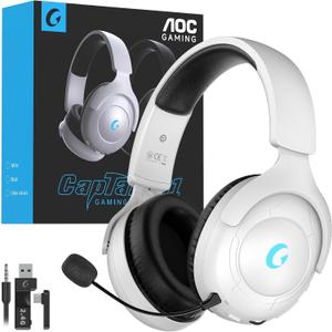 AOC Wireless Gaming Headset for PS5, 2.4GHz Gaming Headset with Mic, 45H Playtime, Immersive Surround Sound, Noise Cancelling Gaming Headphone for PS5, PC & Switch, Xbox with 3.5mm Cable - White