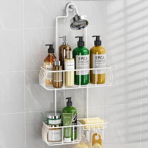 Epicano Shower Caddy Hanging, Anti-Swing Over Head Shower Caddy Rustproof with hooks for Towels, Sponge and more, White