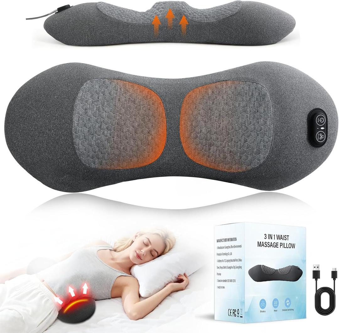 3-in-1 Electric Lumbar Support Pillow with Adjustable Height for Bed and Chair, Triple Fusion Cordless Back Massager with Heated, Vibration, Traction, Lower Back Pain Relief for Home & Office, Car